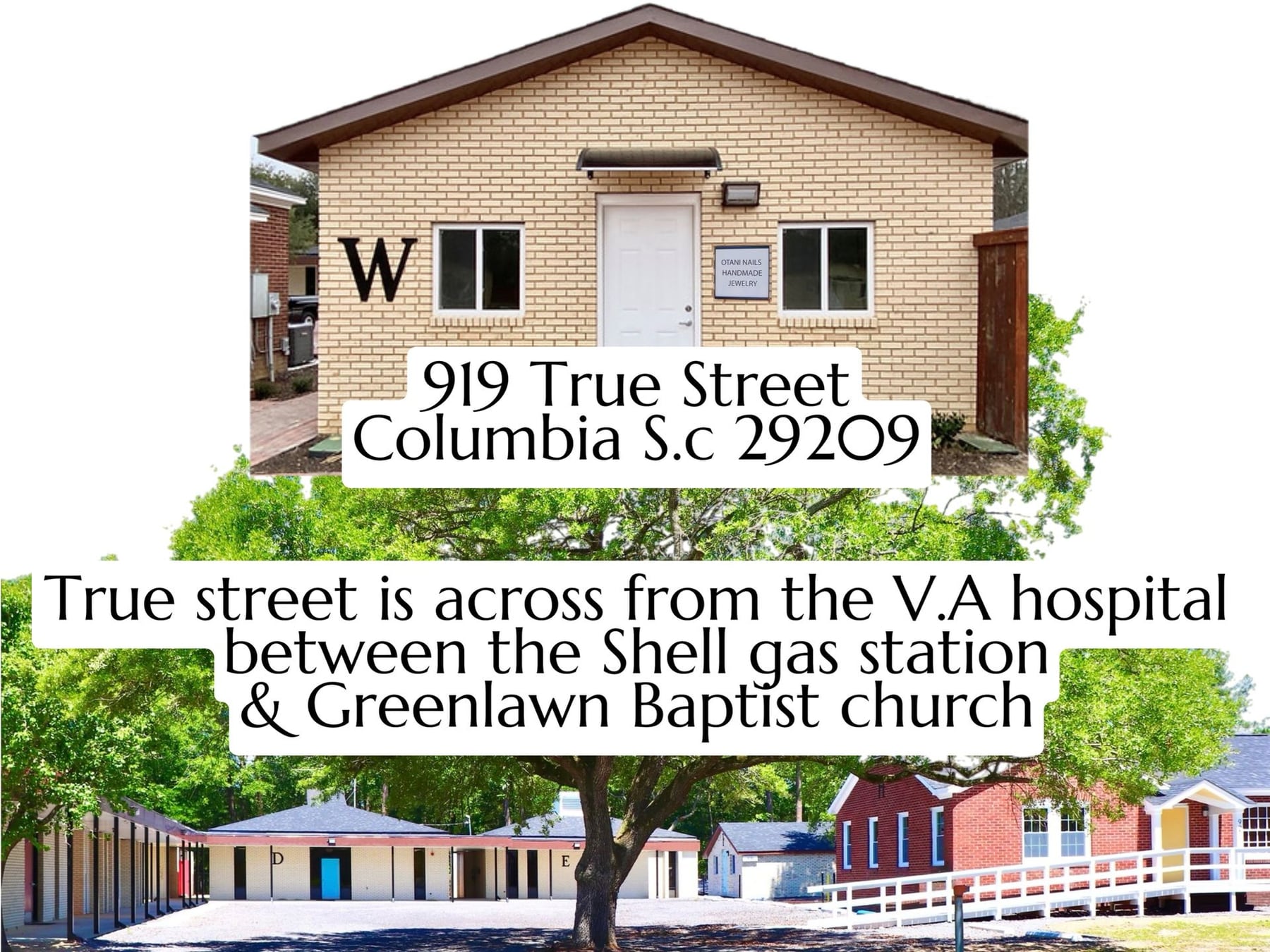 The studio building at 919 True Street, Columbia SC, with Otani's own directions: across from the VA hospital between the Shell station and Greenlawn Baptist Church